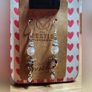 Silver in Color Dolphin Charm Beaded Dangle Drop Earrings with Blue Accents